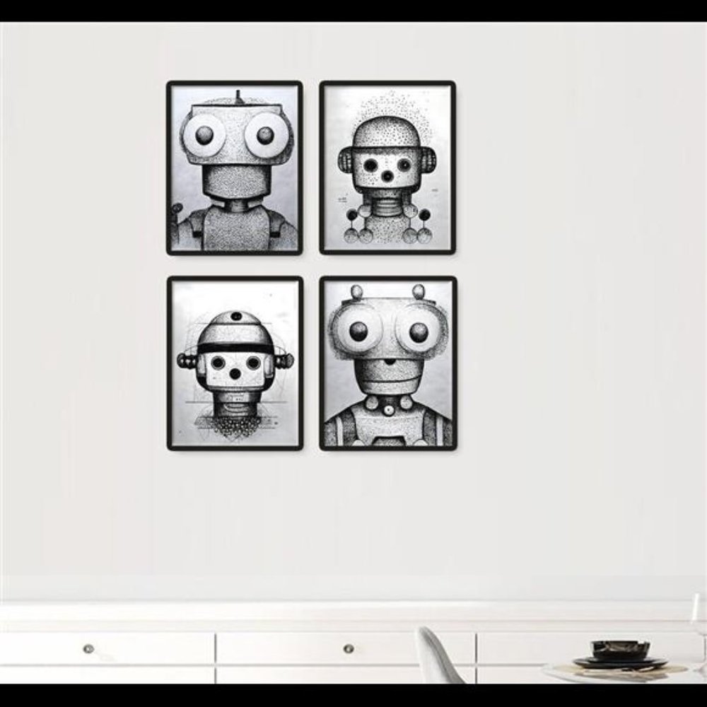 Futuristic Boy's Room Decor Ink Drawn Robot Art Decor 4 prints